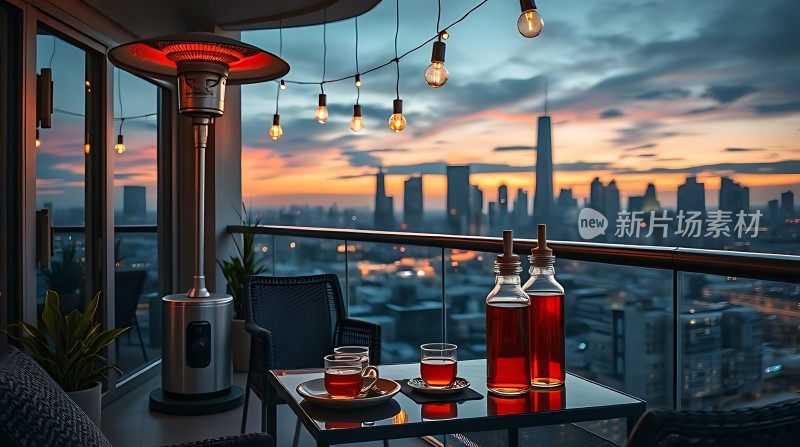 城市夜景下的温馨阳台休闲时光