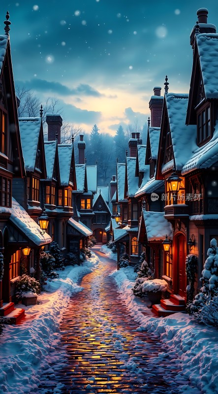 雪夜小镇温馨宁静