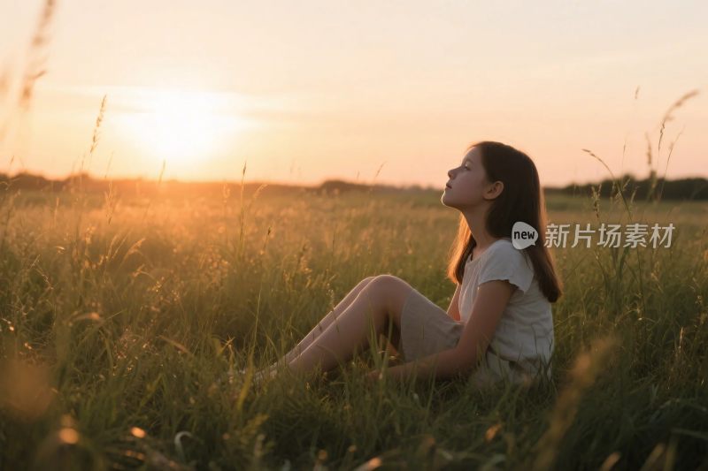 夕阳下草地女孩