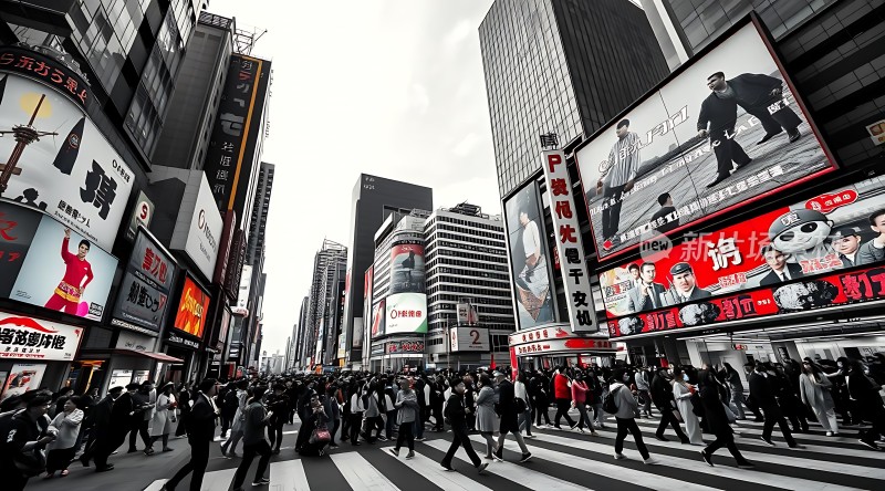 繁华都市街头人群熙攘高楼林立广告牌琳琅满目