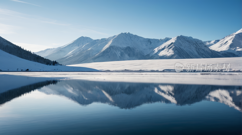 山倒映在雪中的湖水中风景图片