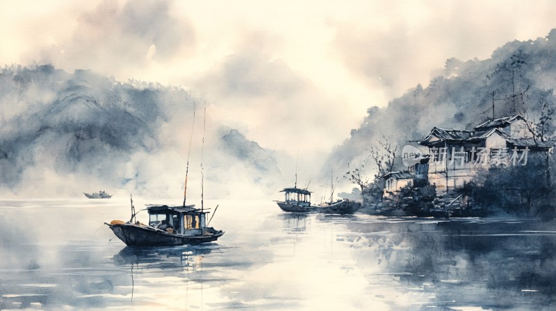 烟雨江南古风山水插画