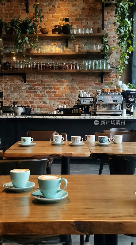 温馨咖啡馆砖墙绿植咖啡机木桌椅