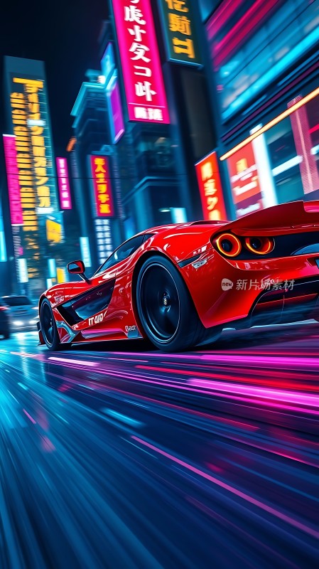 红色跑车疾驰霓虹都市