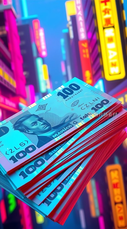 百元钞票堆叠霓虹灯城市背景下的财富象征