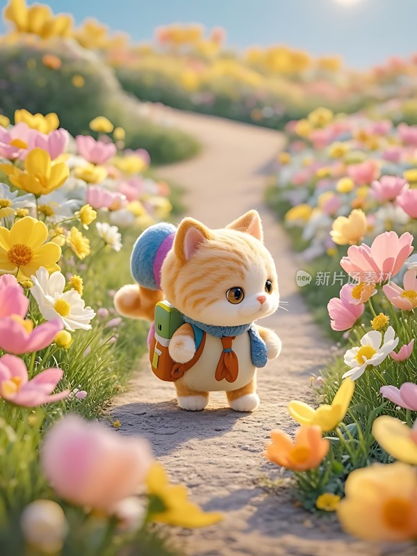 春日小猫漫步花丛间