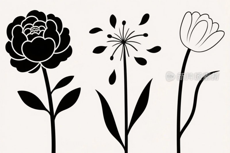 黑白花卉剪影插画