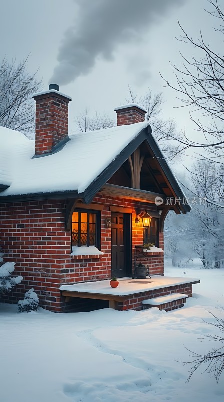 雪夜小屋温馨灯光