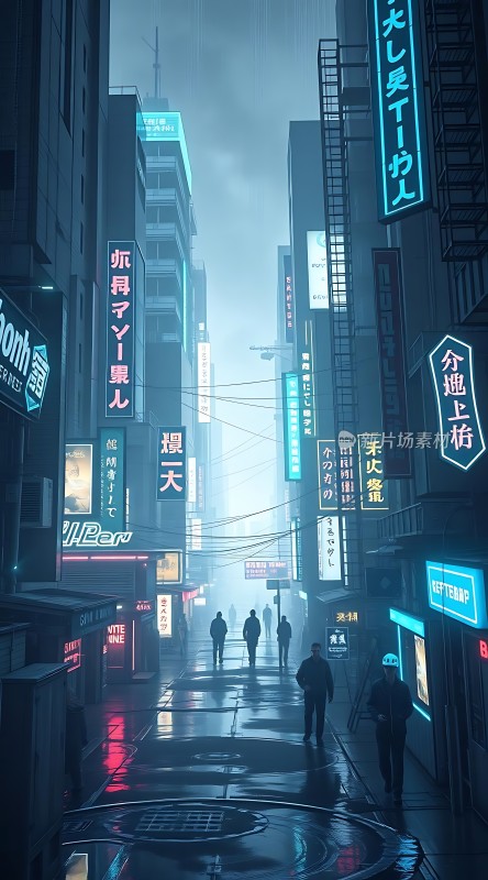 霓虹灯下的雨夜街头