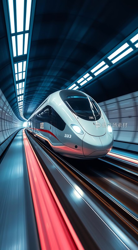 高速列车穿行隧道未来科技感十足
