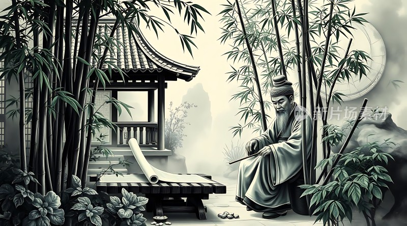竹影下的智者沉思