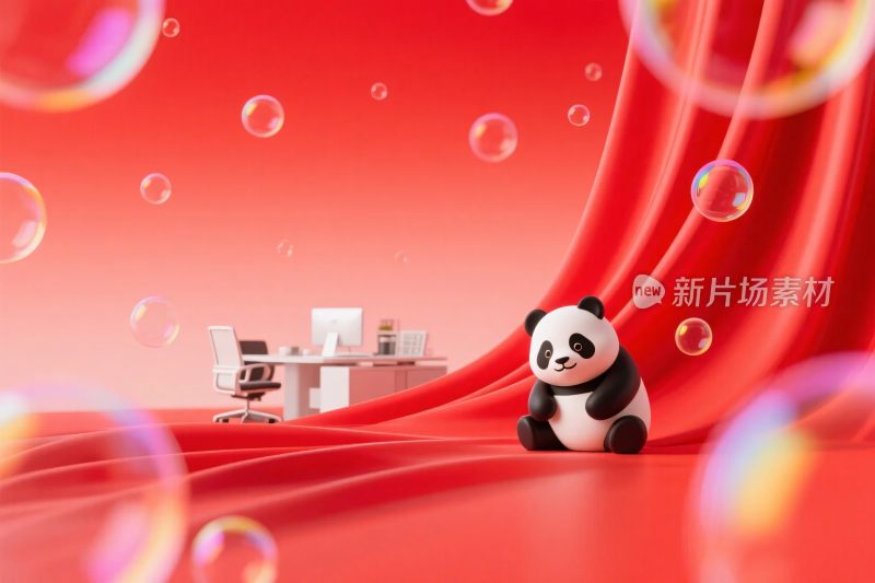 熊猫红色绸缎创意插画场景