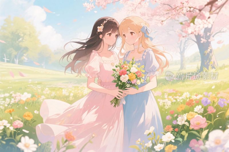 春日花丛女孩插画