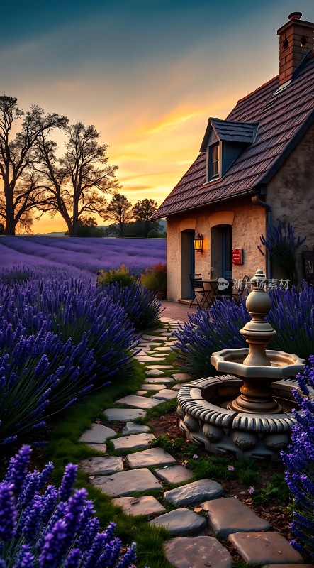 薰衣草田小屋日落时分
