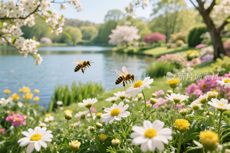 春日花丛蜜蜂湖景