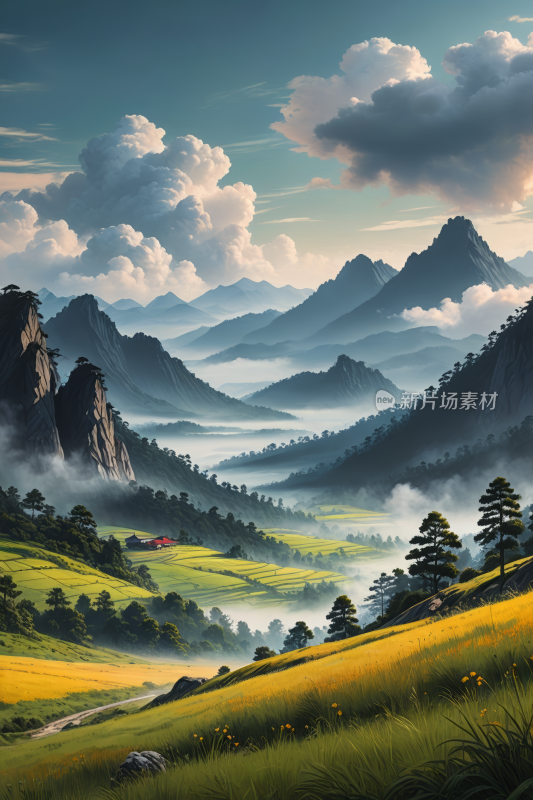 有山谷有道路山地风景高清插画图片