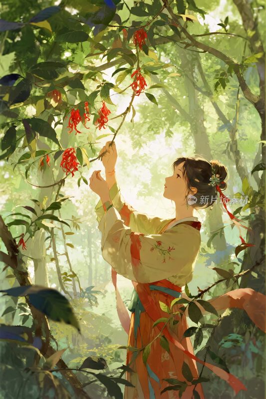 古风女子采花插画