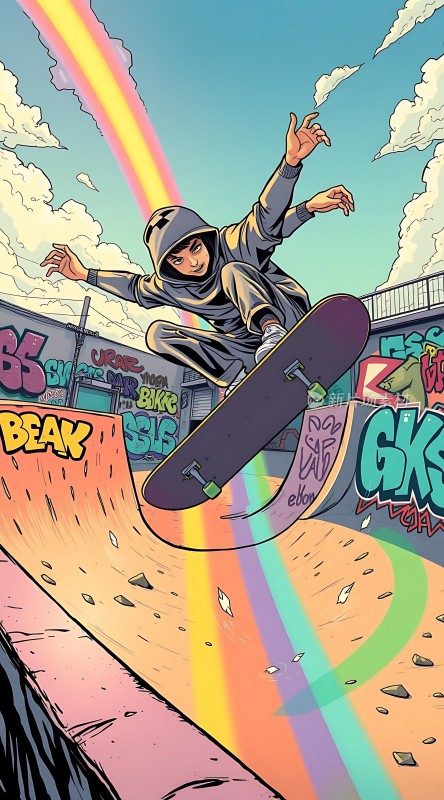 滑板少年飞跃彩虹