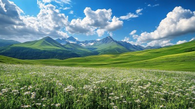 蓝天白云山脉草地背景