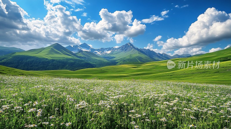 蓝天白云山脉草地背景