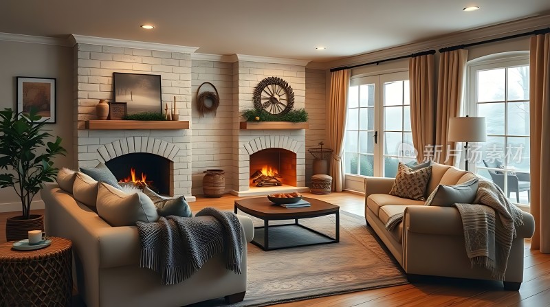 温馨壁炉客厅舒适沙发咖啡桌