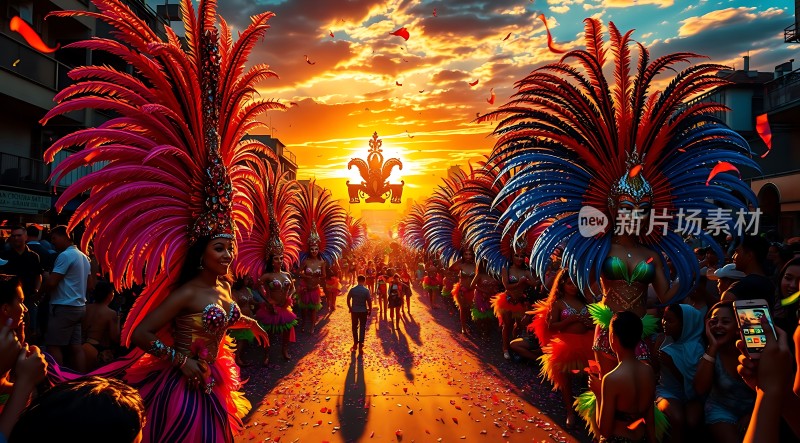 狂欢节上的华丽舞者与绚烂日落