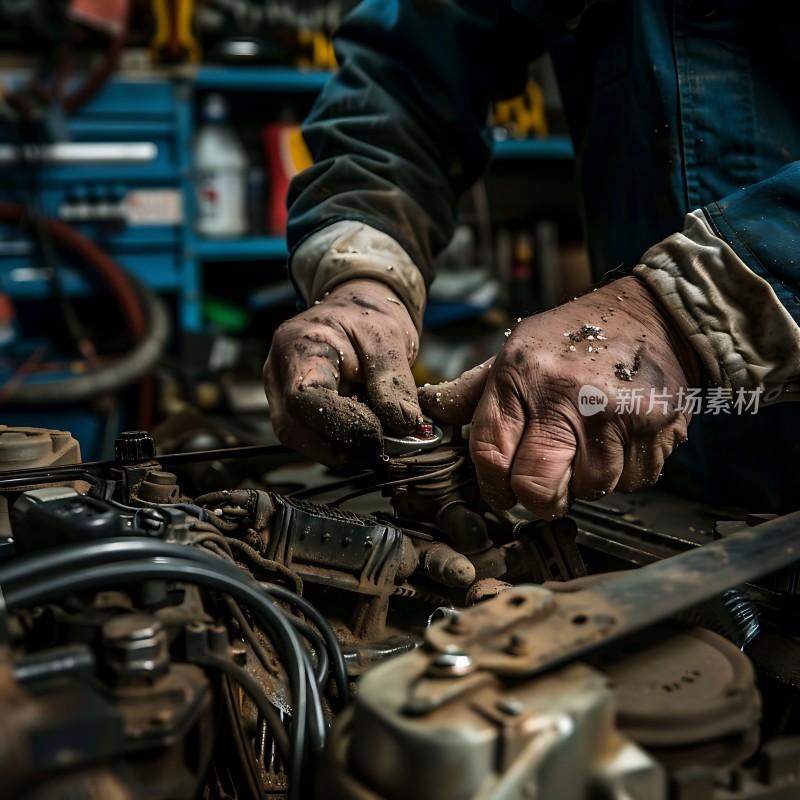 维修工人的双手与汽车引擎