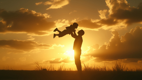 父亲节插画，夕阳下，父亲开心的抱起孩子