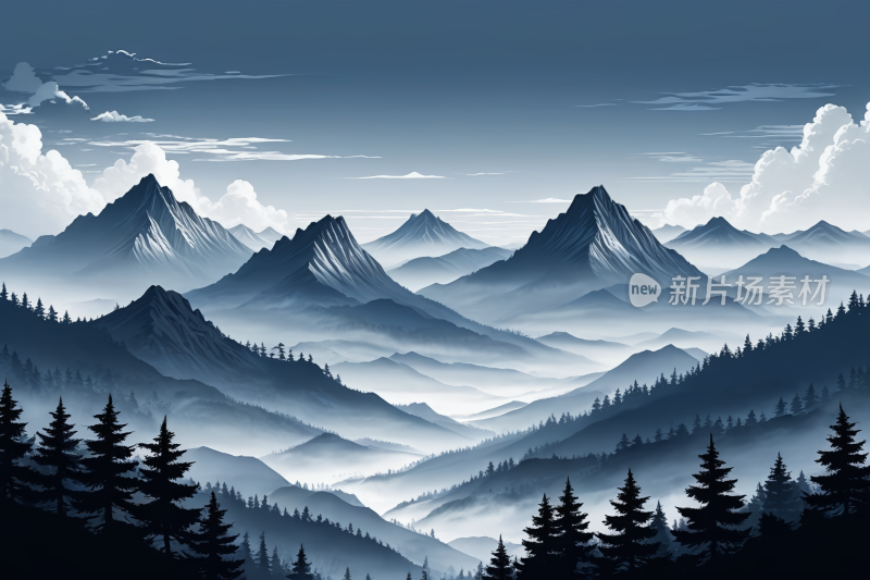 一座有几棵树山脉的景色高清风景插画图片