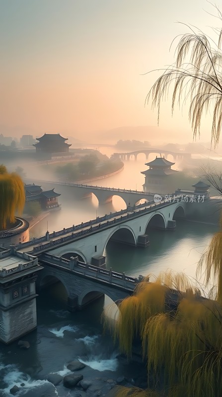 晨雾中的古桥与柳树