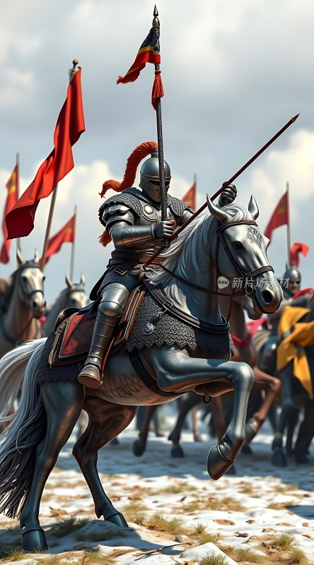 铁甲骑士战马奔腾旌旗飘扬英勇出征