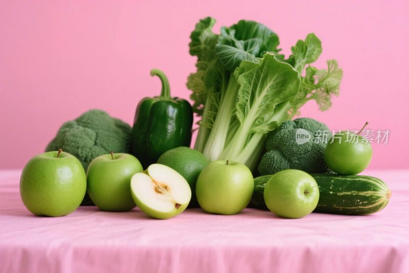 粉色背景下的青绿色蔬菜水果