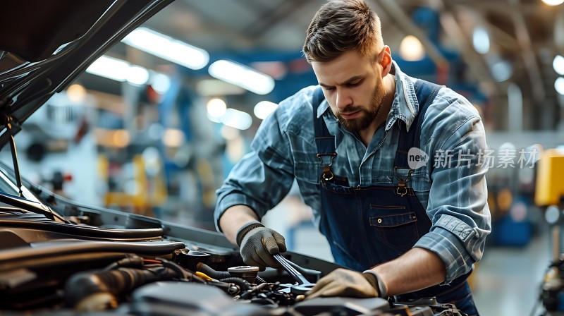 机械师专注检修汽车引擎