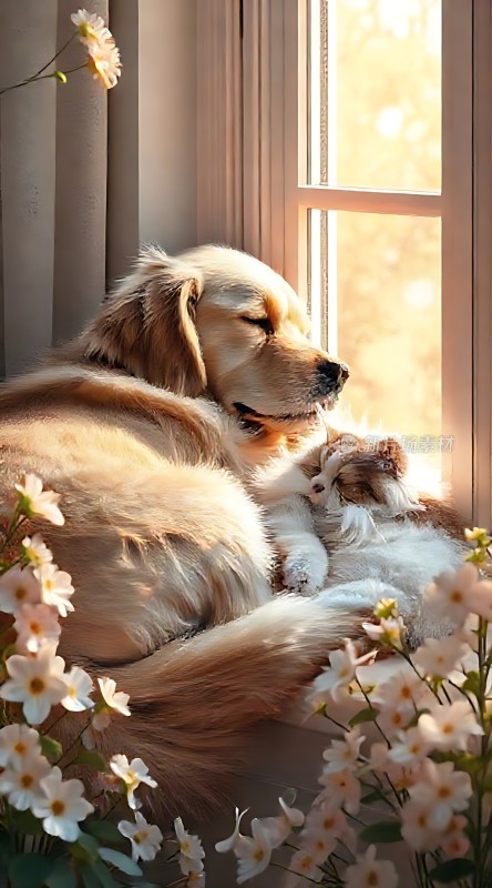 阳光下的狗和猫依偎在一起