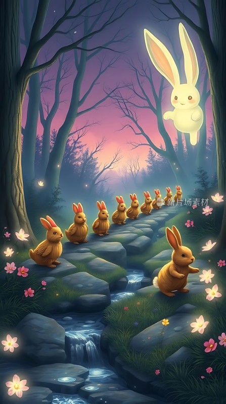 萤光兔群夜游森林