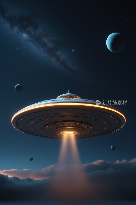 宇宙飞船飞越一颗天上有恒星的星球高清图片