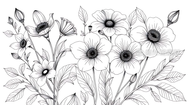 黑白线条花卉图
