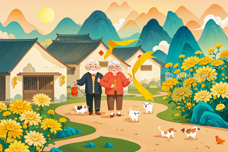 重阳节温馨的老人和睦的家庭重阳节创意插画