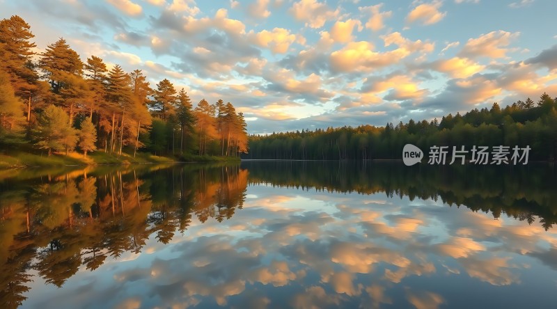 湖畔晨曦映彩云