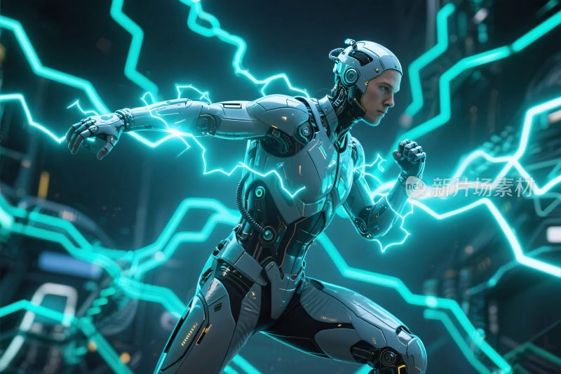 科幻风格闪电环绕的机器人