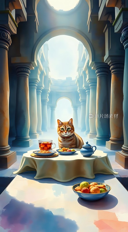 古建筑中橘猫享用下午茶