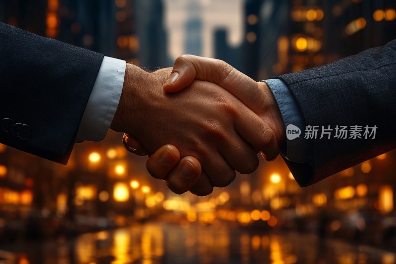 商务人士城市夜景中握手