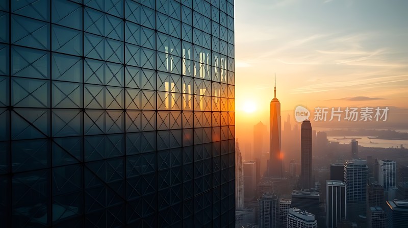 城市日出摩天大楼映照晨光