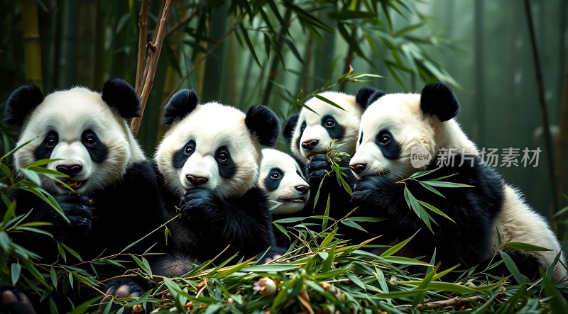 熊猫家族共度竹林时光