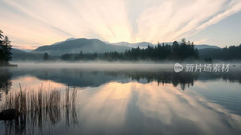 晨曦映照下的静谧湖面