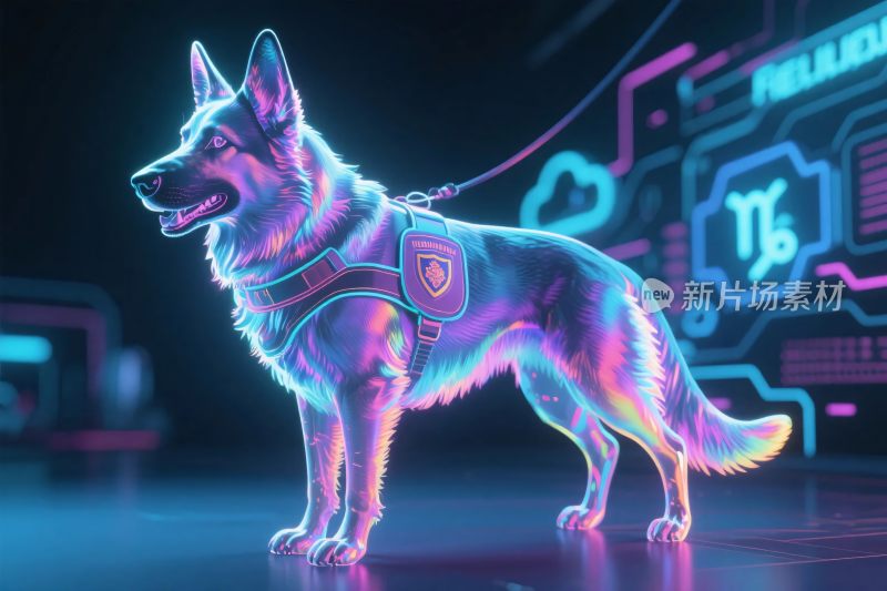 霓虹色科技风德国牧羊犬插画