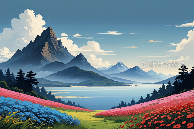 有湖花山高清风景插画图片