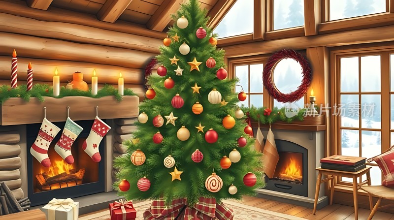 温馨圣诞树下的木屋