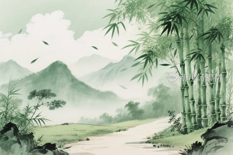 水墨竹林山水风景