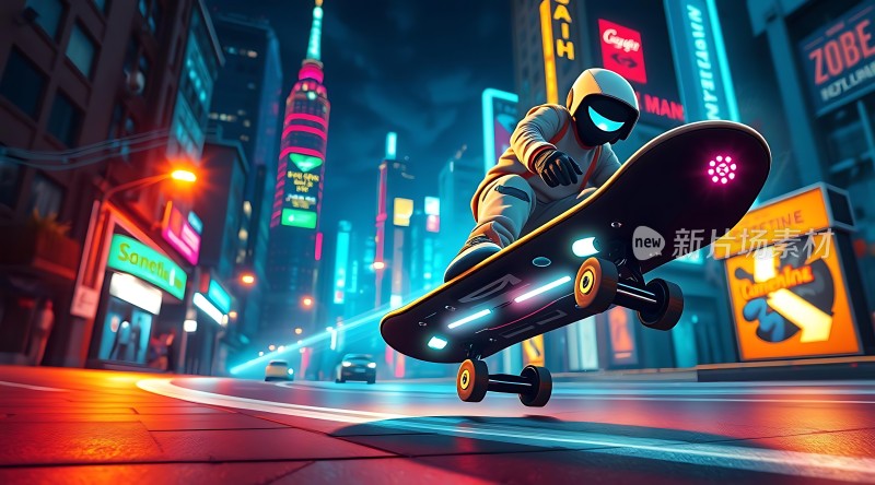 霓虹城市中炫酷滑板少年